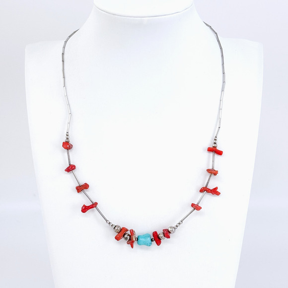Vintage Liquid Silver Sterling 925 Coral Turquoise Tube Bead Necklace 18” - Picture 1 of 4
